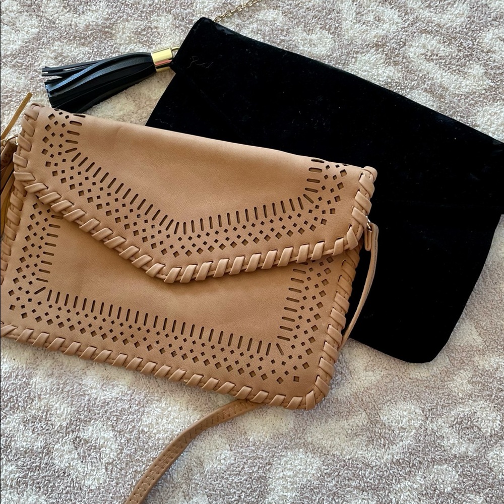 BOTH Lulu’s Tan Woven Clutch or Crossbody Handbag & Forever 21 Black Velvet Bag